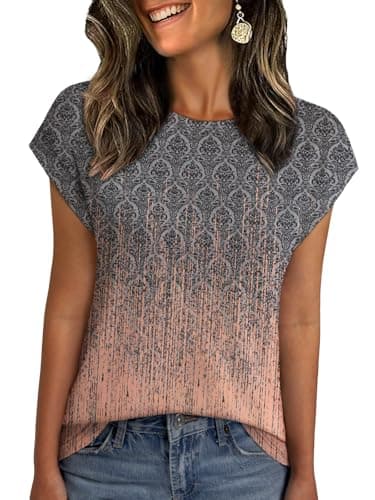 NORACORA Womens Spring Summer Cute Floral Tops Crew Neck Shirts Short Sleeve Tunic Basic Blouses Loose Tops Party Cap Sleeve T Tshirts Grey Pink Gradient L - Image 1