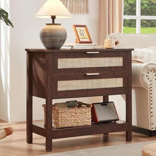 LEYAOYAO 31.5" Wide Rattan Night Stand, Oversized Large Walnut Nightstand with 2 Drawer, Boho Bed Side End Tables with Storage Shelf, Tall Bedside Table for Bedroom Living Room, Hallway - Image 1
