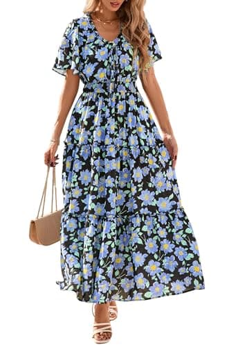 KIRUNDO Spring Summer Wedding Guest Dresses for Women 2026 Boho Floral Short Sleeve V Neck Ruffle Tiered Flowy Maxi Dress(Blue, Large) - Image 1