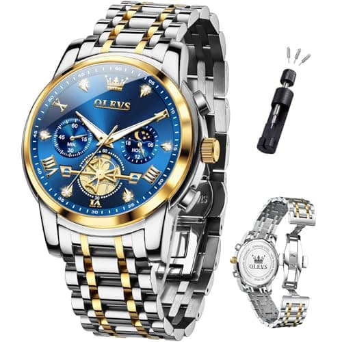 OLEVS Luxury Watches for Men Blue Large Face Silver and Gold Stainless Steel Dress Analog Quartz Wrist Mens Watches Waterproof Chronograph Moon Phase Fashion Luminous Two Tone Relojes para Hombres - Image 1