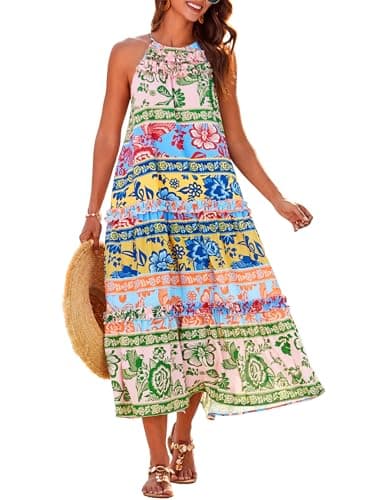 Long Flowy Boho Dresses for Women 2026 Summer Sleeveless Floral Casual Dress Loose Tired Maxi Halter Dress Multicolor S - Image 1