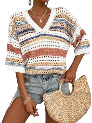 Saodimallsu Womens Short Sleeve Sweaters V Neck Crochet Knit Striped Hollow Out Tops Beach Cruise Outfits Khaki - Image 1