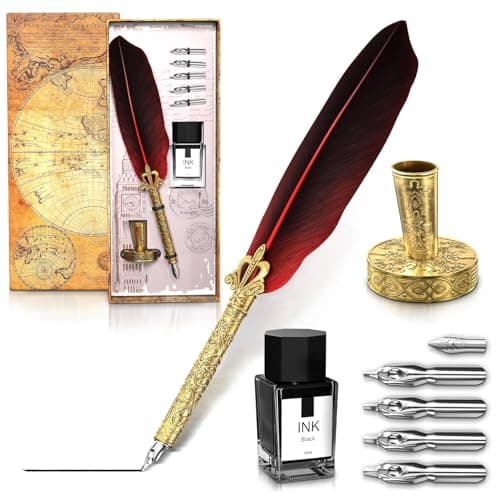Kotko Classic Goose Feather Pen and Ink Set - Old Fashion Red Feather Quill Pen and Ink Set with Stainless Steel Nib for Calligraphy Practice, Drawing & Signatures - Thoughtful Writer Gifts - Image 1