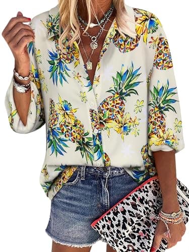 ZXZY Women Pineapple Printed Tropical Shirts Lapel Collar Half Sleeves Buttons Down Blouse Hawaiian Tops - Image 1