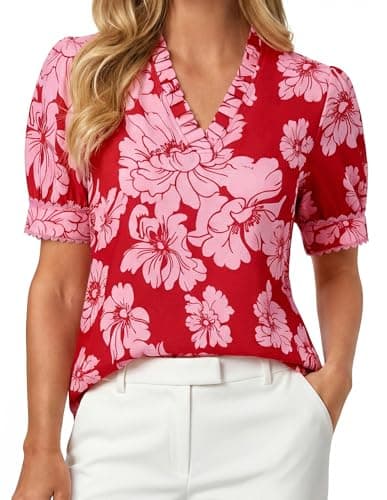 GRACE KARIN Women Boho Floral Tops, Summer Puff Short Sleeve Dressy Casual Shirts, 2026 Spring V Neck Vacation Work Blouse Pink Red XXL - Image 1