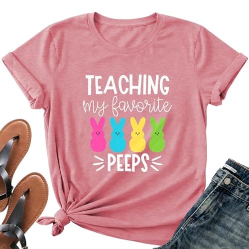 Easter Teacher T-Shirt for Women Teaching My Favorite Peeps Shirt Funny Bunny Rabbit Graphic Tee Tops A-Pink - Image 1