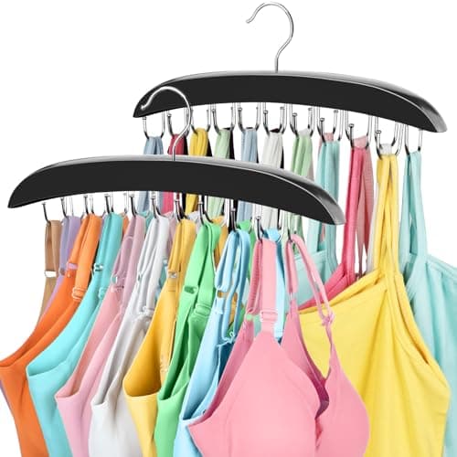2 Pack Bra Organizer for Closet, 360° Rotating Bra Hanger Space Saving w/20 Foldable Metal Hooks, Tank Top Hanger Closet Organizers and Storage for Camisoles/Tank Tops/Bras/Belts/Scarves Black - Image 1