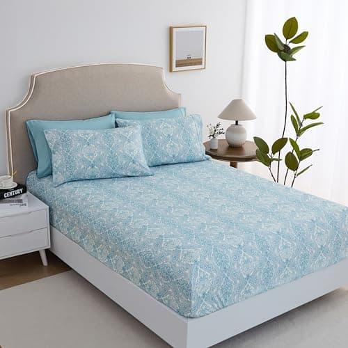 Spirit Linen home Queen Size Bed Sheets Set Deep Pockets - 6PC Paisley Ultra Soft Microfiber Bed Sheets - Easy to Clean, 90 Thread Count Sheets Includes 1 Fitted, 1 Flat, 2 Pillowcases (Blue) - Image 1