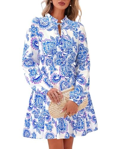 BTFBM Women Spring Dresses 2026 Floral V Neck Long Sleeve Tiered Ruffle Boho Swing Flowy A-Line Mini Dresses Vacation(White Blue Floral,Small) - Image 1