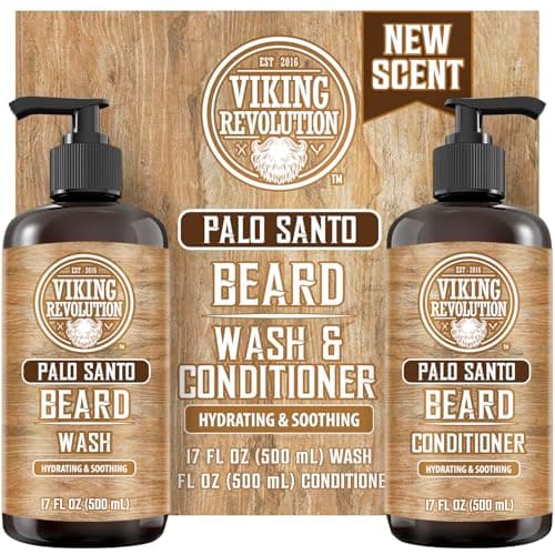 Viking Revolution Palo Santo Beard Wash and Beard Conditioner Set with Argan and Jojoba Oils - Softens and Strengthens - Natural Palo Santo Scent - Beard Shampoo with Ginseng Root Extract (17 oz) - Image 1