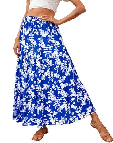 KIRUNDO Women 2026 Spring Summer High Waist Boho Floral Maxi Skirt Trendy Casual Flowy Swing Pleated A Line Beach Long Skirts(Floral Blue White, Small) - Image 1
