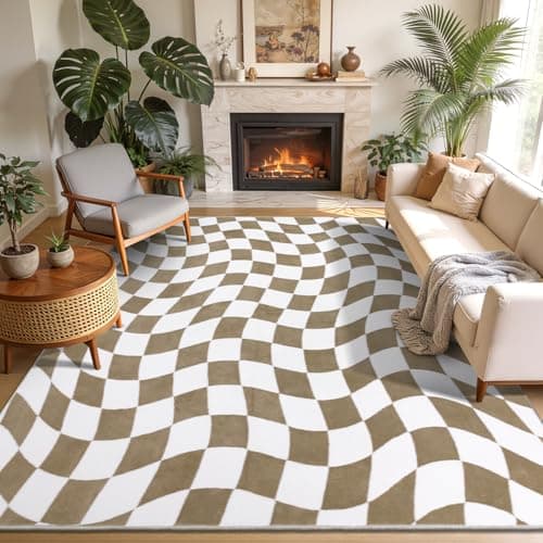 Yamaziot 8x10 Large Checkered Area Rug, Non-Slip Soft Washable Living Room Rug with Rubber Backing, Low Pile Rug Floor Carpet for Dinning Room, Bedroom, Beige Brown - Image 1