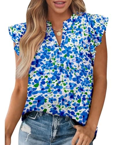 Zenlonr Womens Dressy Casual Tops 2026 Summer Ruffle Cap Sleeve V Neck Shirts Boho Floral Blouses Vacation Outfits(White Blue Flower,Small) - Image 1