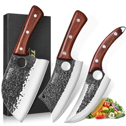 Topfeel 3PCS Butcher Knife Set, Hand Forged Serbian Chef Knives & Meat Cleaver & Viking Knives, Meat Cutting Kitchen Knife Set for Home, Outdoor Cooking, Camping BBQ Gift Idea Men - Image 1