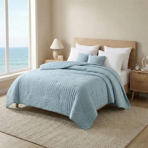 Cooling Comforter, Dual-Sided Seersucker & Q-Max>0.4 Cooling Blanket, Breathable Fabric for Hot Sleepers Night Sweats Menopause & Sensitive Skin, All Season Pet Friendly, Blue, Twin 60"x80" - Image 1