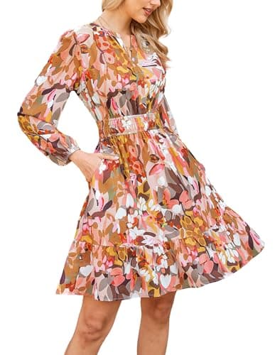 Spring Dresses for Women 2026,Casual Long Sleeve Floral Mini Dress,Khaki Floral Wedding Guest Dress S - Image 1