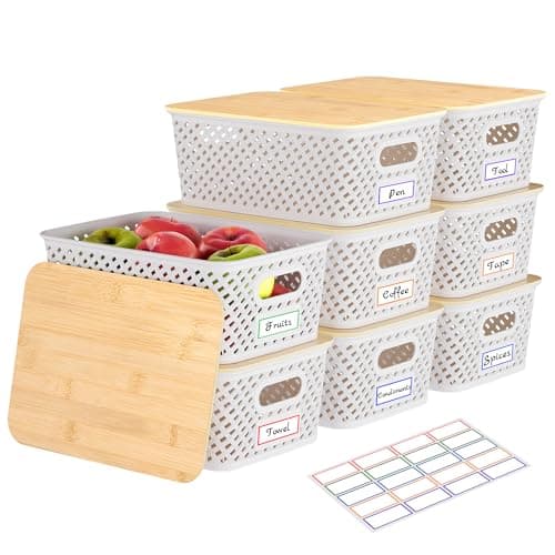 Anysig 8 Packs Plastic Storage Bins with Bamboo Lids - Stackable Storage Bins Decorative Small Basket Containers for Organizing Shelves Office Classroom Desktop Closet, Cream White - Image 1