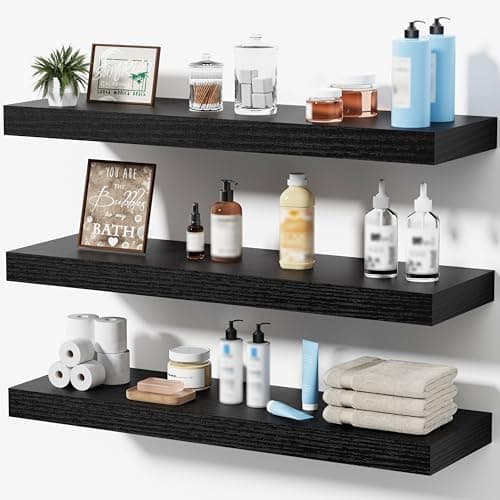 Mifurn Floating Shelves for Wall, Bathroom Shelves Over Toilet, Wall Shelves & Book Shelf for Room, Hanging Shelf, Modern Wooden Mounted Floating Shelves, 24x7x1.5 in (Black, Set of 3) - Image 1