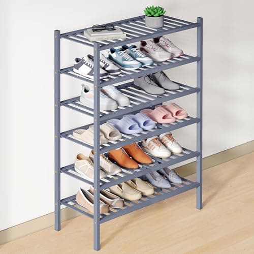 Smiry Bamboo Shoe Rack for Closet, 6 Tier Wooden Stackable Shoe Organizer, Free Standing Shoes Storage Shelf for Entryway, Front Door Entrance, Grey - Image 1