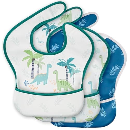 CIVARUA KIDS 3-Pack Waterproof Baby Bibs for Eating - Mess Proof Lightweight Toddler Feeding Bibs with Large Food Catcher, Food-Grade Baby Eating Essentials, Easy to Put On & Clean(Blue Dinosaur)