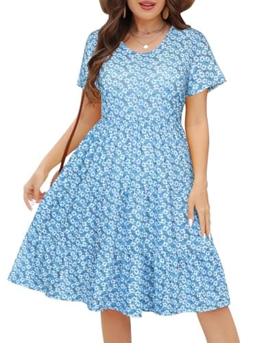 Younrui Plus Size Midi Summer Casual Dress for Women Short Sleeve Scoop Neck Ruffle Babydoll Swing Dress (2XL-1001-Blue Daisy) - Image 1