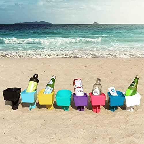 Home Queen Beach Cup Holder with Pocket, Sand Cup Holder for Drink Beverage Phone Sunglasses, Beach Vacation Accessories, Beach Trip Gifts, Multicolor 8 Piece Set - Image 1