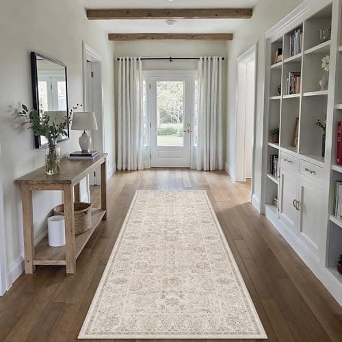 HUGEAR 2x6 Machine Washable Hallway Runner Rugs Vintage Grey - Neutral Non Slip Stain Resistant Low Pile Aesthetic Throw Carpet Kids & Pet Friendly for Bedroom Kitchen - Image 1