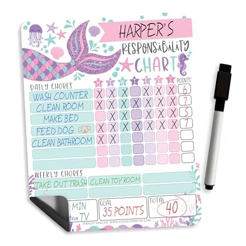Hadley Designs Magnetic Chore Chart for Kids – Reward Chart for Kids, Dry Erase Responsibility Board for Children at Home, Fridge Behavior Tracker for Daily & Weekly Tasks, Mermaid Toddler Chore Board - Image 1