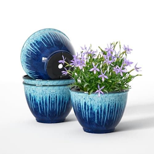 Flower Pots, 8 Inch Plastic Plant Pots for Plants, Set of 4 Planter for Indoor Outdoor Plants with Drainage Hole, Sleek Small Nursery Planting Pot for Home Garden Outdoor Planters(Blue Glaze) - Image 1