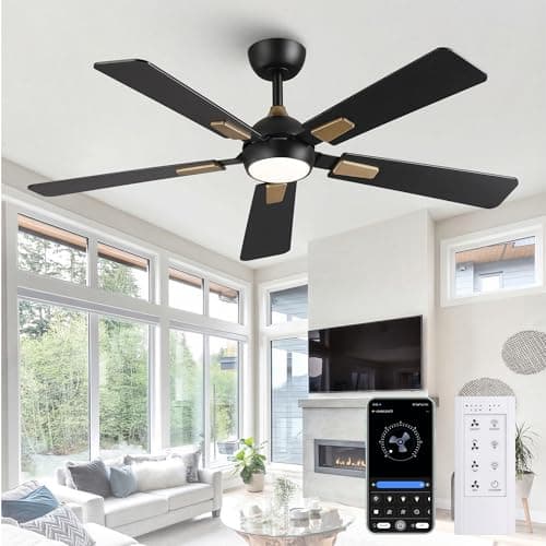 CalorHoga 52 Inch Ceiling Fan with Lights and Remote, DC Motor Quiet 6-Speed Reversible Fan, Dimmable LED 3000K/4000K/6000K, Smart APP Control, Modern Black & Gold Ceiling Fan for Bedroom Living Room - Image 1