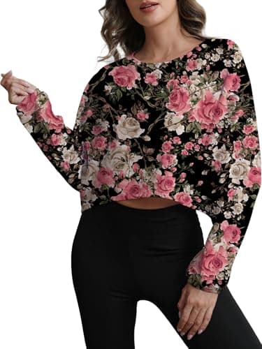 MATEAM Womens Cropped Sweatshirt Loose Fit Workout Tops - Crewneck Pullover Long Sleeve Casual Fashion Sweaters for Yoga Gym Fitness Floral XS - Image 1