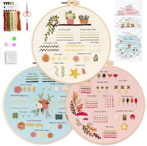 FEIYUENO Beginner Embroidery Kit for Adults, 3-Pack Easy Needlepoint Starter Kits with Pre-Stamped Flower Embroidery Patterns, 7.8" Hoop, Floss & Needles, Step-by-Step Guide (Plant) - Image 1