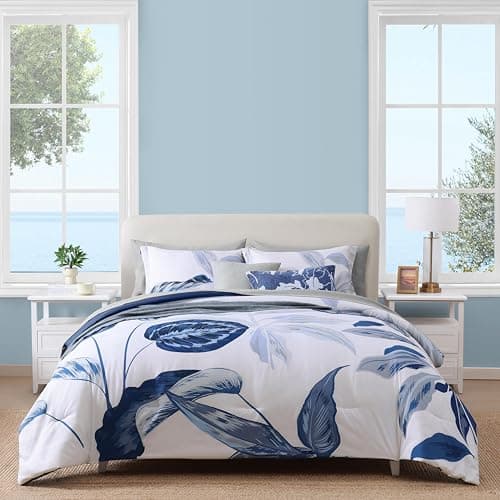 WRENSONGE King Size Comforter Set, 7 Pieces 7 Pieces Blue Tropical Leaves Soft Bedding Sets, Coastal Bed in a Bag, Botanical Printed Comforter with Sheets for All Season - Image 1