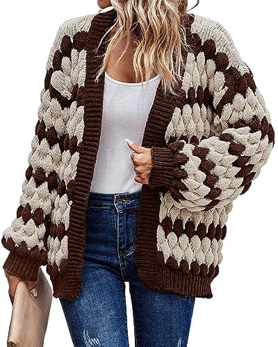 KIRUNDO Women's Cardigan Sweater 2026 Fall Winter Open Front Long Sleeve Cable Knit Color Block Striped Cardigan Casual Oversized Sweater Jacket Outwear(Coffee, Small) - Image 1