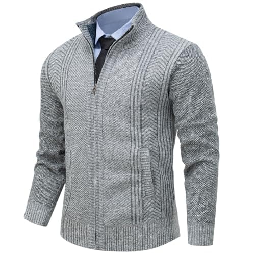 Msmsse Men's Casual Stand Collar Cardigan Full Zipper Knit Sweater with 2 Front Pockets Light Grey M - Image 1