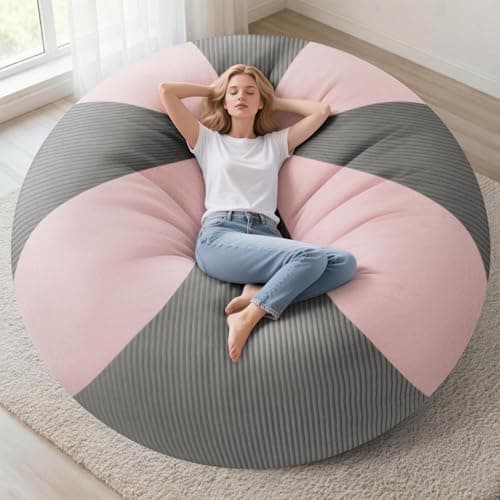 Homguava 6FT Bean Bag Chairs for AdultsTeardrop BeanBag Chair Comfy Memory Foam Bean Bags Two-Tone Distressed Velvet&Corduroy, Washable Cover for Living Room, Home (Distressed Velvet, Light Grey/Pink) - Image 1