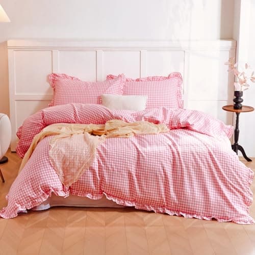 Hailyuwl 100% Cotton Gingham Duvet Cover Set Queen Size with Ruffle Trim, Washed Cotton Soft Small Checkered Grid Bedding Sets, Breathable Vintage Farmhouse Bedroom Decor 3 Pieces Pink, 90"x90" - Image 1