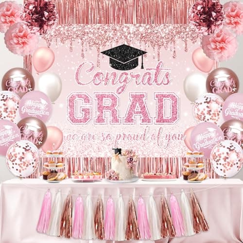 Graduation Decorations Class of 2026, Congrats Grad Backdrop, Graduation Balloons, Paper Pompoms, Paper Tassels, Foil Curtains for 2026 Graduation Party Decorations(Pink) - Image 1