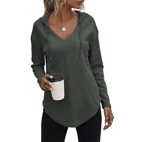 morhuduck Women's V Neck Hoodies Long Sleeve Sweatshirt Drawstring Pullover Tops with Pocket,Army Green, XXL - Image 1