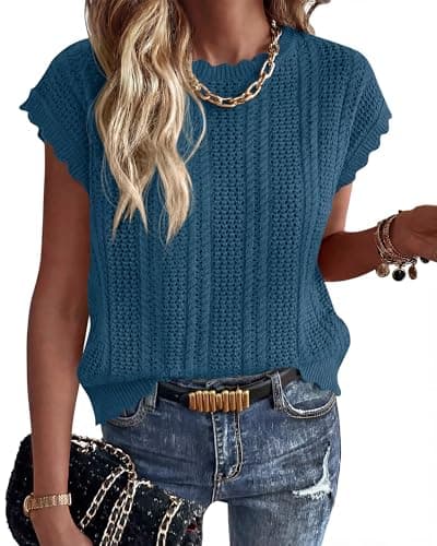 KIRUNDO Sweater Vest Women Crochet Top Cap Short Sleeve Sweater 2026 Spring Summer Cable Knit Pullover Beach Vacation Outfits(Dusty Blue, Small) - Image 1