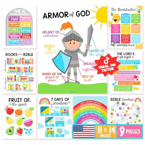 Hadley Designs Sunday School Decorations for Classroom – 9 Bible Posters for Kids, 11x14in Books of the Bible Poster, 10 Commandments, Fruits of the Spirit & More – Rainbow Christian Classroom Decor - Image 1