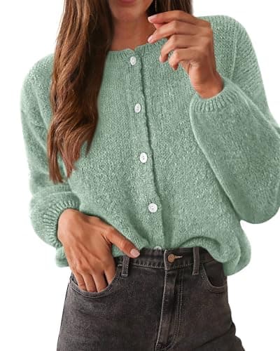KIRUNDO Women’s Cardigans Casual Loose Button Up Long Sleeve Crewneck Knit Cardigan Sweaters Open Front Outerwear Coats(Sage Green, XX-Large) - Image 1