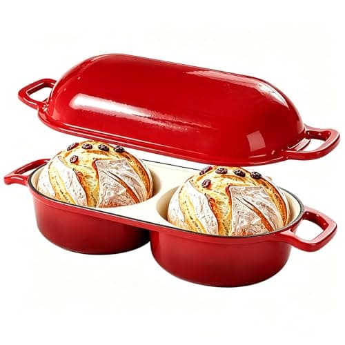 Double Loaf Dutch Oven with Lid, Enameled Cast Iron Bread Pan, Dual Compartment for Baking Sourdough Loaves, Even Heat, Non-Stick And Oven Safe 500°F, Red