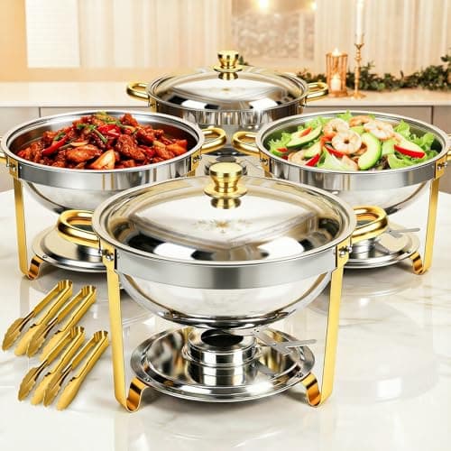 ALSO GO Round Chafing Dishes for Buffet 4 Pack, 6QT Chafing Dishes Buffet Set Gold, Catering Food Warmer for Parties Buffet with Full Size Chafing Pans, Stainless Steel Warming Trays for Thanksgiving - Image 1