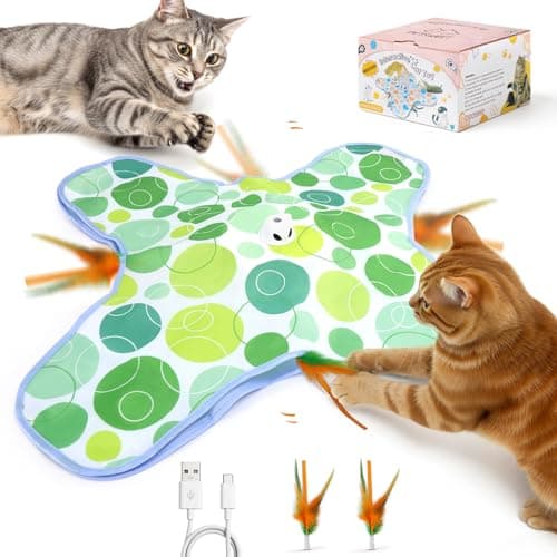 PETSWEET Interactive Cat Toys, Hide and Seek Cat Toy, 2 in 1 Automatic Moving Concealed Feathers for Indoor Cats, Non-Slip Suction, Touch Activated, USB Rechargeable, Green