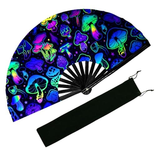 EOSAU UV Glow Large Rave Fan Folding Hand Fans for Line Dancing Portable Handheld Clack Fan for Festival EDM Party Music Outfit Accessories (13" Mushrooms) - Image 1