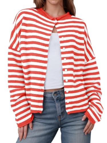 Saodimallsu Womens Striped Cardigan Casual Long Sleeve Open Front Button Down Loose Knit Lightweight Fall Sweaters Red - Image 1