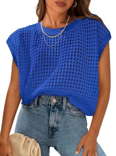 PRETTYGARDEN Womens Spring Tops 2026 Summer Shirts Crochet Cap Sleeve Sweater Pullover Cute Beach Vacation Clothes(Blue,Medium) - Image 1