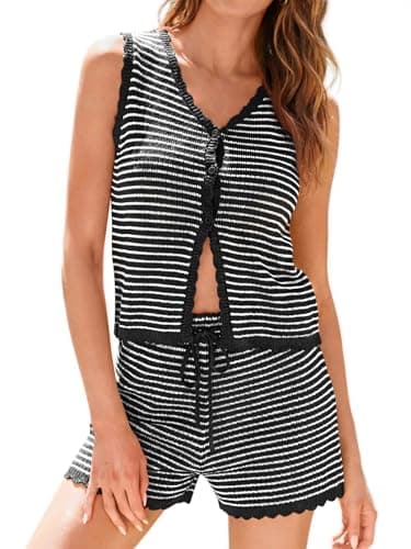 Tankaneo Womens 2 Piece Shorts Set Striped Summer Vacation Outfits Button Down Knit Vests Tops Casual Beach Matching Sets - Image 1