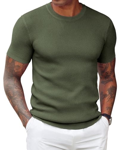 COOFANDY Mens Dress T Shirts Short Sleeve Knit T Shirt Casual Summer Shirt Crewneck Tshirts Army Green - Image 1